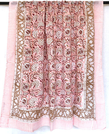 pareo/sarong/sjaal voilekatoen met hand-blockprint 8 roze/ bruin