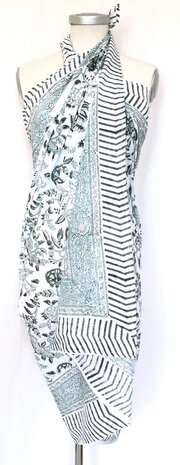 sjaal/pareo/sarong voilekatoen met hand-blockprint 9- aqua/d.groen