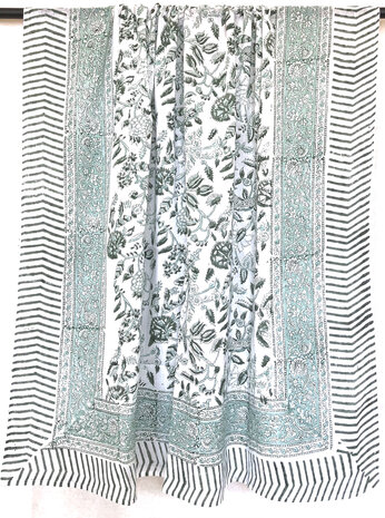 sjaal/pareo/sarong voilekatoen met hand-blockprint 9- aqua/d.groen