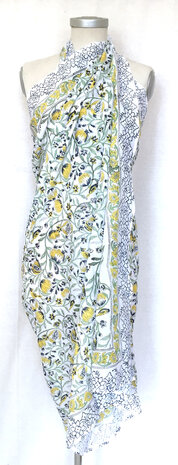 pareo/sarong/sjaal voilekatoen met hand-blockprint 14- citroengeel/blauw