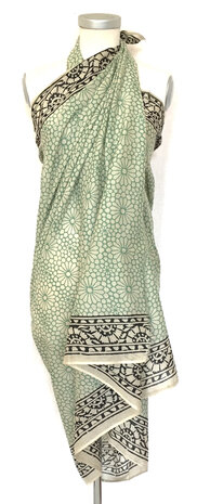 pareo/sarong/sjaal voilekatoen met hand-blockprint 15- ethnic green flower