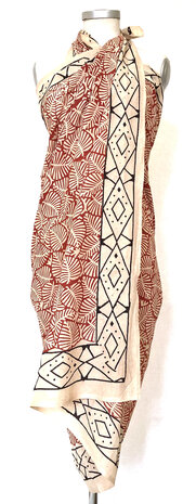 pareo/sarong/sjaal voilekatoen met hand-blockprint ethnic 4- red leaves graphic