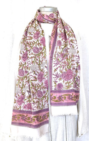 sjaal katoen blockprint 2- roze/lila