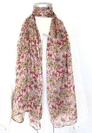 sjaal chiffon zijde  met print 6- pink flowers