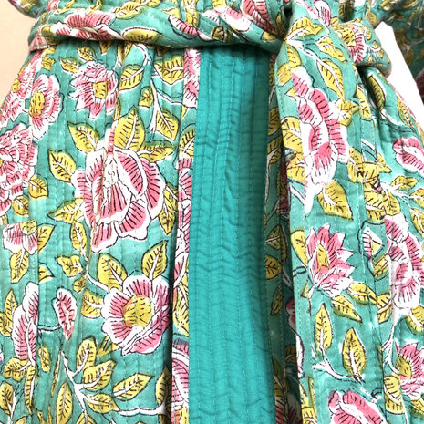  kimono quilted katoen -  10 aqua/roze bloem