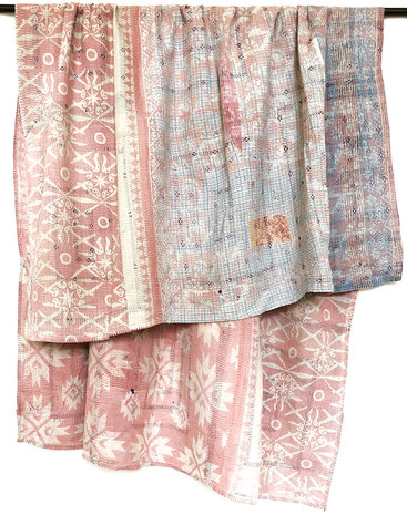  VERKOCHT- quilt kantha vintage katoen 2- roze/lichtblauw