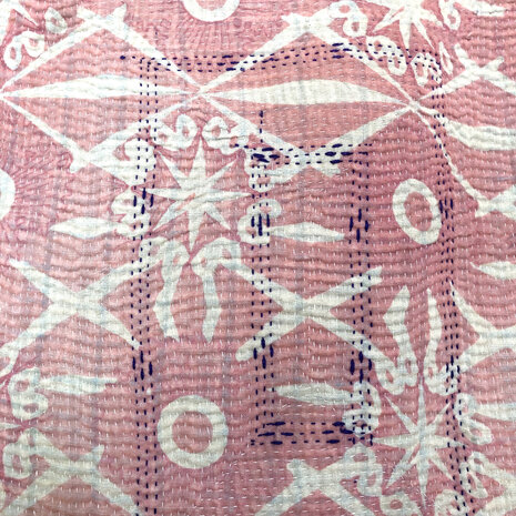  VERKOCHT- quilt kantha vintage katoen 2- roze/lichtblauw