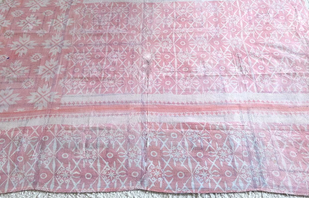  VERKOCHT- quilt kantha vintage katoen 2- roze/lichtblauw