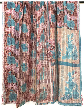  VERKOCHT- quilt kantha vintage katoen 3- roze/turquoise/bruin