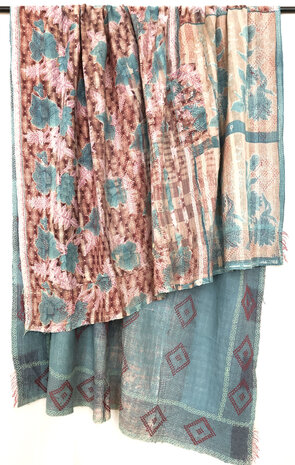  VERKOCHT- quilt kantha vintage katoen 3- roze/turquoise/bruin