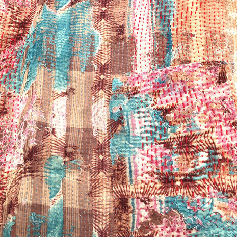  VERKOCHT- quilt kantha vintage katoen 3- roze/turquoise/bruin