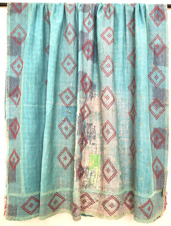 VERKOCHT- quilt kantha vintage katoen 3- roze/turquoise/bruin