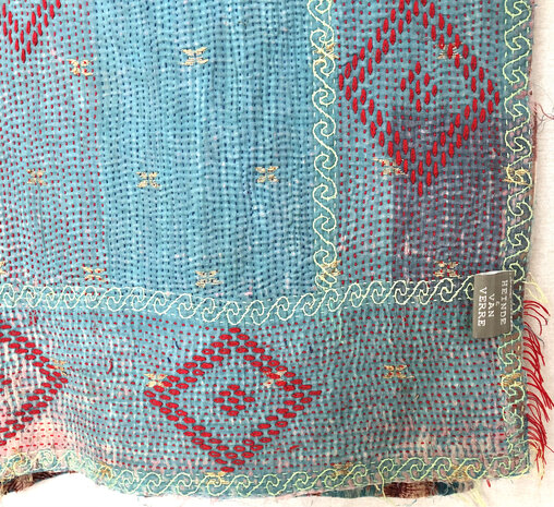  VERKOCHT- quilt kantha vintage katoen 3- roze/turquoise/bruin