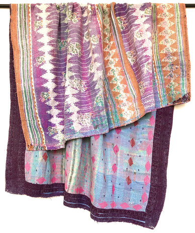 VERKOCHT-  quilt kantha vintage katoen 4-  paars/oranje/turquoise