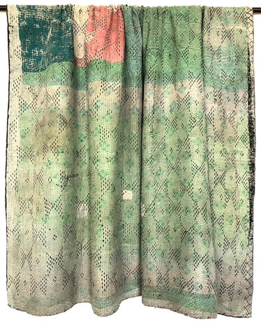  VERKOCHT- quilt kantha vintage katoen 1-  XL groen/zwart/roze