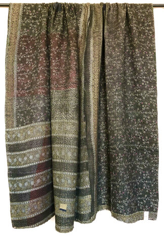  VERKOCHT- quilt kantha vintage katoen 1-  XL groen/zwart/roze