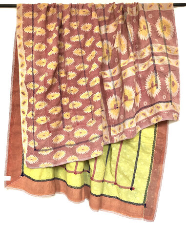  VERKOCHT- quilt kantha vintage katoen 12-  XL roze/oranje/geel