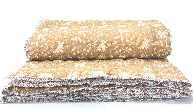 deken quilt eenpersoons reversible blockprint 5- terracotta/bruin-blauw
