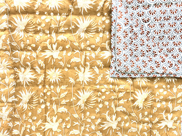 deken quilt eenpersoons reversible blockprint 5- terracotta/bruin-blauw