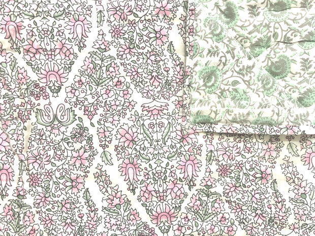SORRY< AL WEER UITVERKOCHT- deken quilt eenpersoons reversible blockprint 6- pastel mintgroen/roze