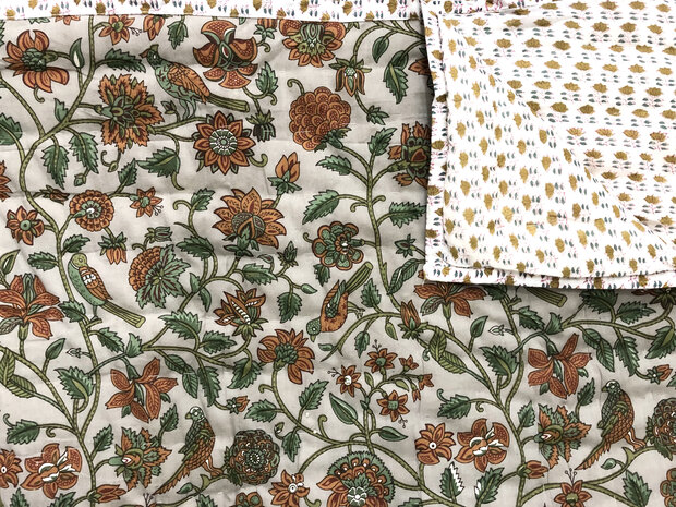deken quilt eenpersoons reversible blockprint 8- vogel warm grijs-groen/mini lotus bruin