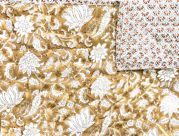 deken quilt eenpersoons reversible blockprint 10- caramel/blauw-bruin