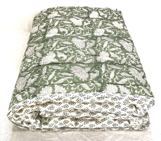 deken quilt eenpersoons reversible blockprint 14- zeegroen/d.groen