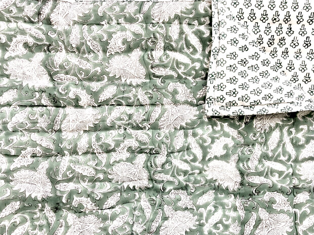 deken quilt eenpersoons reversible blockprint 14- zeegroen/d.groen