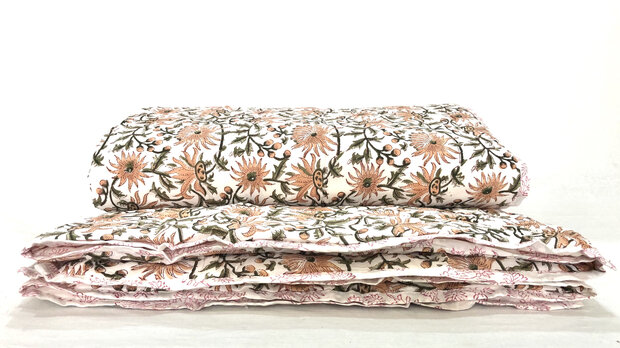 deken quilt eenpersoons reversible blockprint 15- oud roze-d.groen/framboos