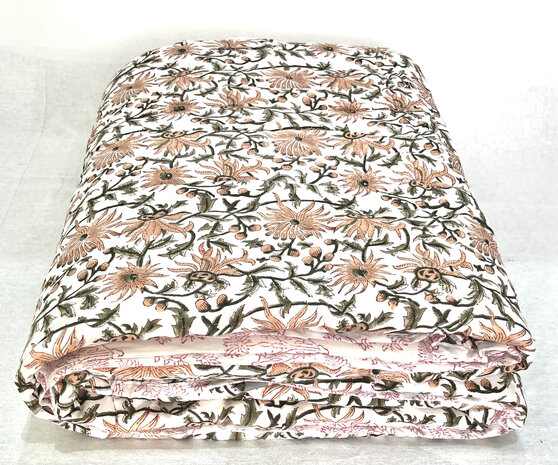 deken quilt eenpersoons reversible blockprint 15- oud roze-d.groen/framboos
