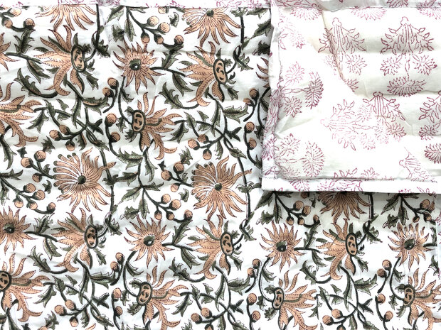 deken quilt eenpersoons reversible blockprint 15- oud roze-d.groen/framboos