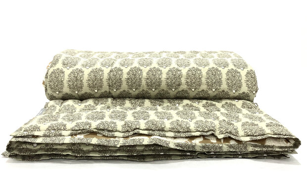 deken quilt tweepersoons reversible blockprint 4- khaki-wit/cappuccino