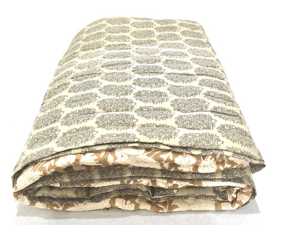 deken quilt tweepersoons reversible blockprint 4- khaki-wit/cappuccino