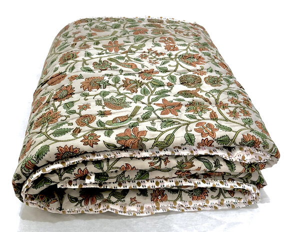 deken quilt tweepersoons reversible blockprint 8- vogel warm grijs-groen/mini lotus bruin