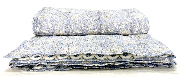 deken quilt tweepersoons reversible blockprint 9- sky blue/aqua-groen