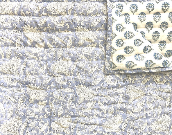 deken quilt tweepersoons reversible blockprint 9- sky blue/aqua-groen