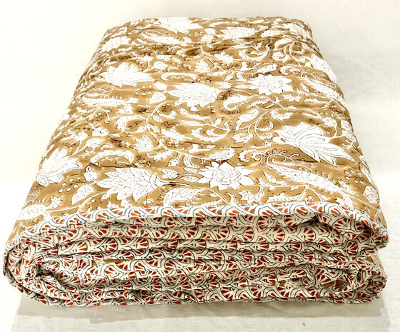deken quilt tweepersoons reversible blockprint 10- caramel/blauw-bruin