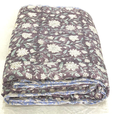 SORRY,  AL WEER UITVERKOCHT- deken quilt tweepersoons reversible blockprint 12- oud paars/sky blue