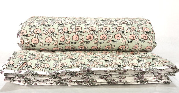 deken quilt tweepersoons reversible blockprint 13- oud roze-mint/roze-l.groen