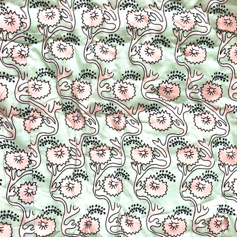 deken quilt tweepersoons reversible blockprint 13- oud roze-mint/roze-l.groen