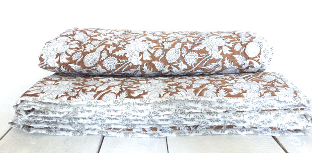 UITVERKOCHT- deken quilt tweepersoons reversible blockprint 1-chocobruin/grijs