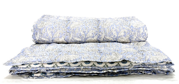 deken quilt eenpersoons reversible blockprint 9- sky blue/aqua-groen