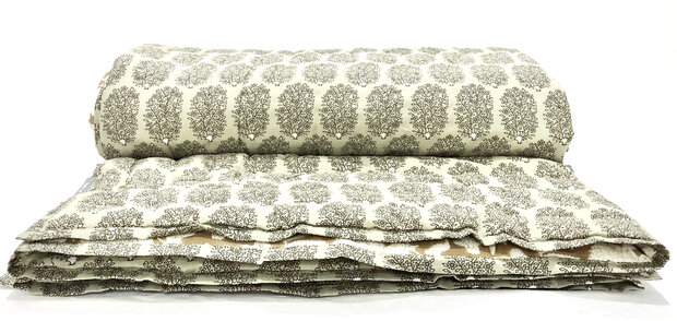 SORRY- al weer UITVERKOCHT- deken quilt eenpersoons reversible blockprint 4- khaki-wit/cappuccino