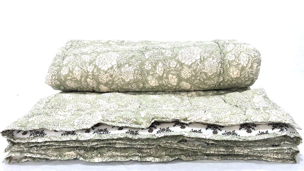 UITVERKOCHT- deken quilt eenpersoons reversible blockprint 3- licht bladgroen/d.groen-bruin