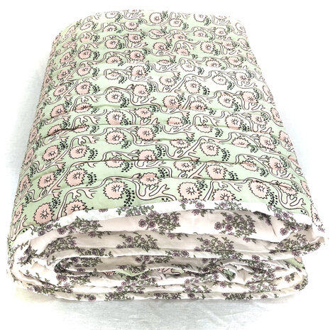 deken quilt tweepersoons reversible blockprint 13- oud roze-mint/roze-l.groen