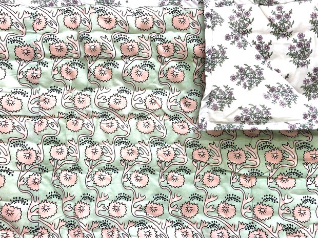 deken quilt eenpersoons reversible blockprint 13- oud roze-mint/roze-l.groen