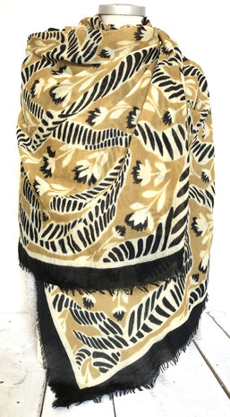  sjaal merino wol print large 4- beige/zwart