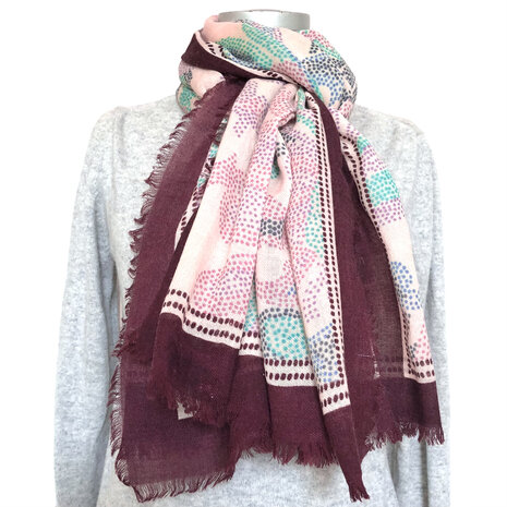 sjaal merino wol print large 5- bordeaux/roze