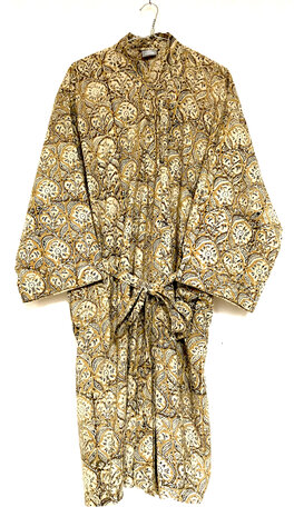  kimono hand blockprint 1- mosterd/zwart