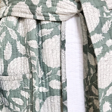  ochtendjas/kimono quilted katoen 5- zee grijs/groen-wit
